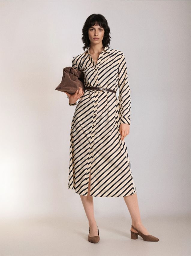 Sinsay - Rochie camasă cu centură în talie și bumbac - multicolor