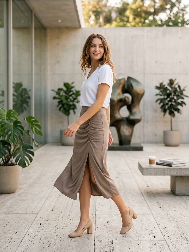 Sinsay - Fustă midi cu volane - bej