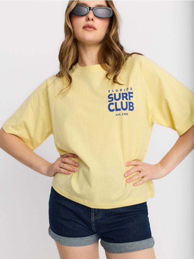 Sinsay - Tricou din bumbac cu inscripție Surf Club - yellow jeans