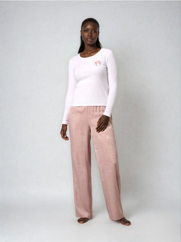 Sinsay - Pyžamo s dlhým rukávom a nohavicami z ľahkej tkaniny Barbie - krémová