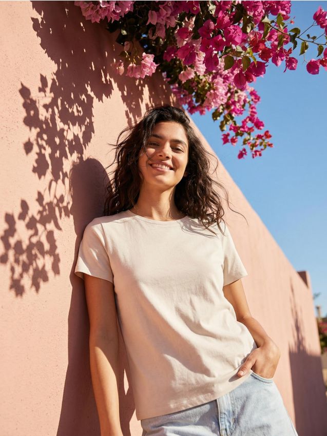 Sinsay - Tricou din bumbac cu mânecă scurtă - nude