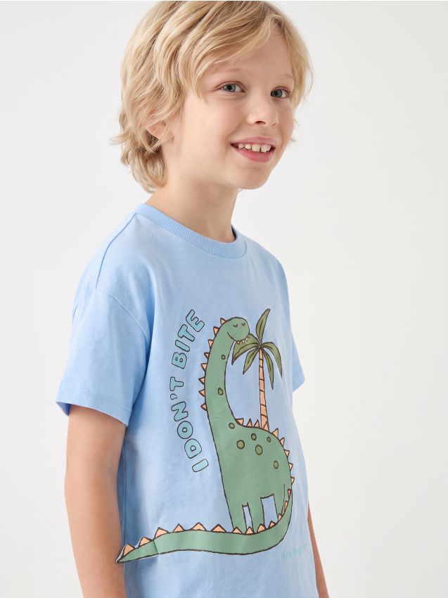 Sinsay - Tricou din bumbac cu imprimeu dinozaur - albastru-pal