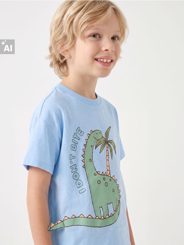 Sinsay - Tricou din bumbac cu imprimeu dinozaur - albastru-pal