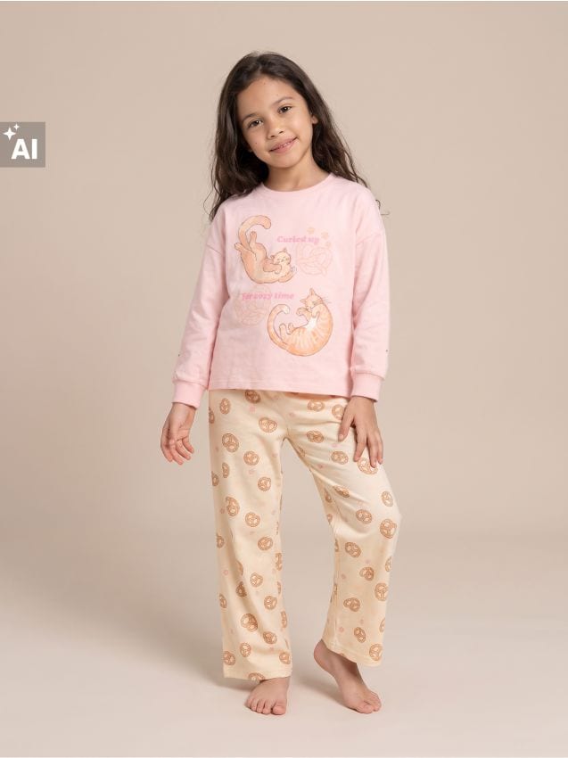 Sinsay - Pijama din bumbac din două piese cu motiv pisici - galben-pal