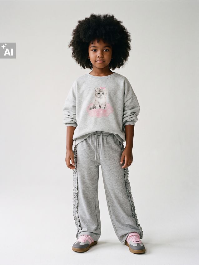 Sinsay - Pantaloni de trening wide leg cu volane - gri deschis