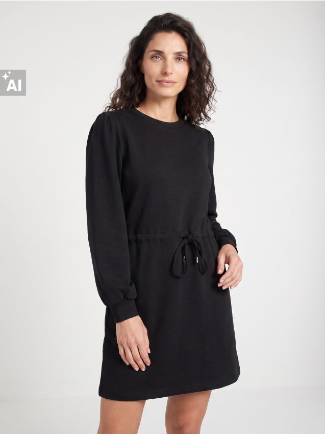 Sinsay - Rochie mini tricotată cu cordon în talie, cu amestec de vâscoză - negru