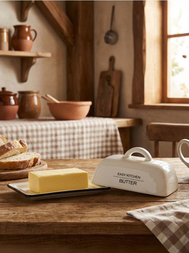 Sinsay - Recipient pentru unt cu margine contrastantă și inscripție - alb