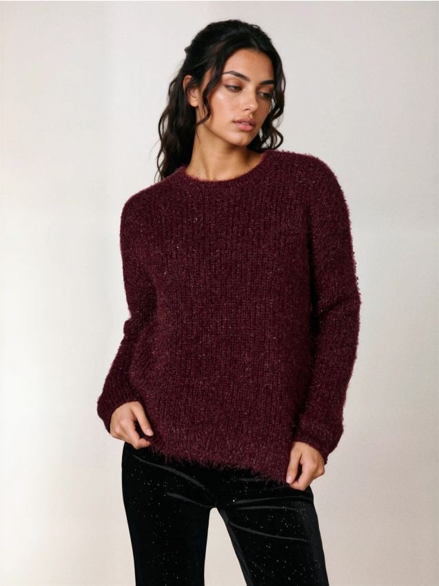 Sinsay - Pulover cu blană artificială - bordo