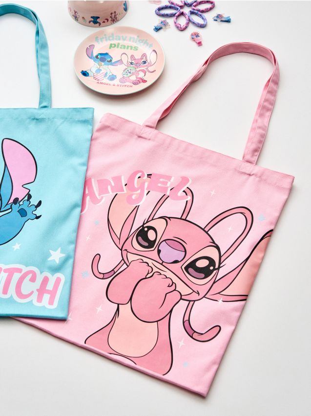 Sinsay - Geantă shopper din material textil cu imprimeu Stitch - roz-pastel