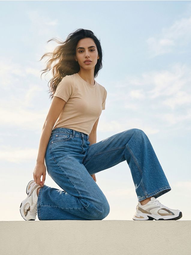 Sinsay - Blugi baggy cu talie medie - albastru