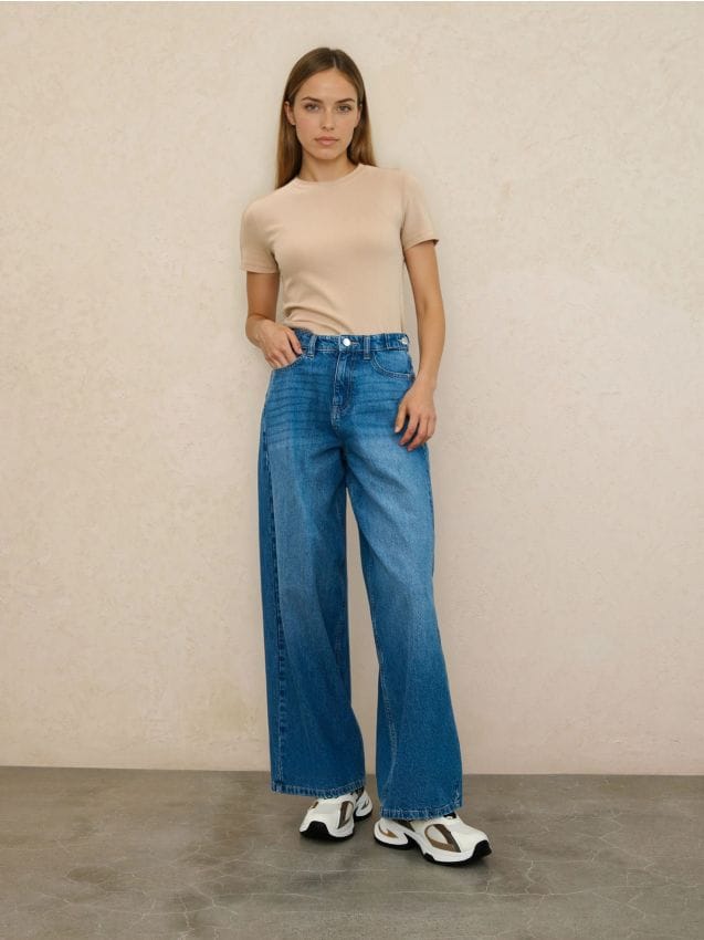 Sinsay - Blugi baggy cu talie medie - albastru