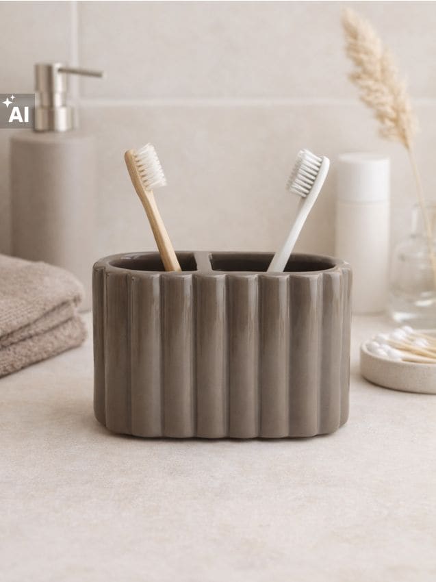 Sinsay - Suport ceramic pentru periuțe de dinți cu striații - maro