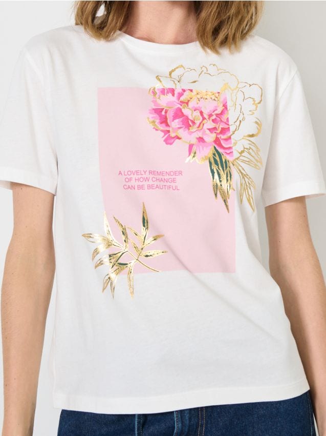 Sinsay - Bavlnené oversize tričko s potlačou - krémová