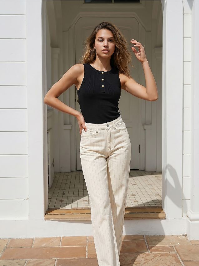 Blusa in cotone senza maniche con bottoni - nero