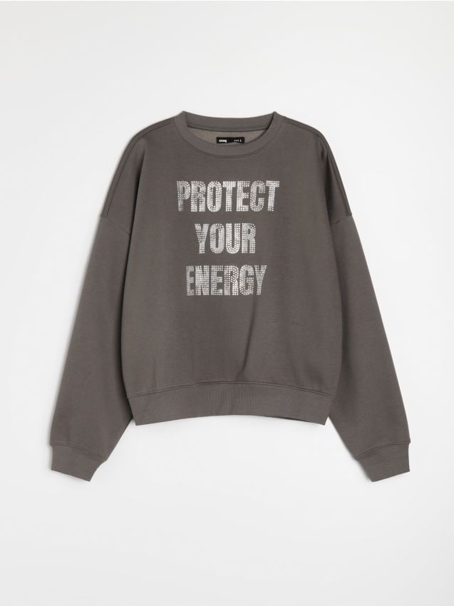 Sinsay - Hanorac crewneck cu inscripție strălucitoare - gri-închis
