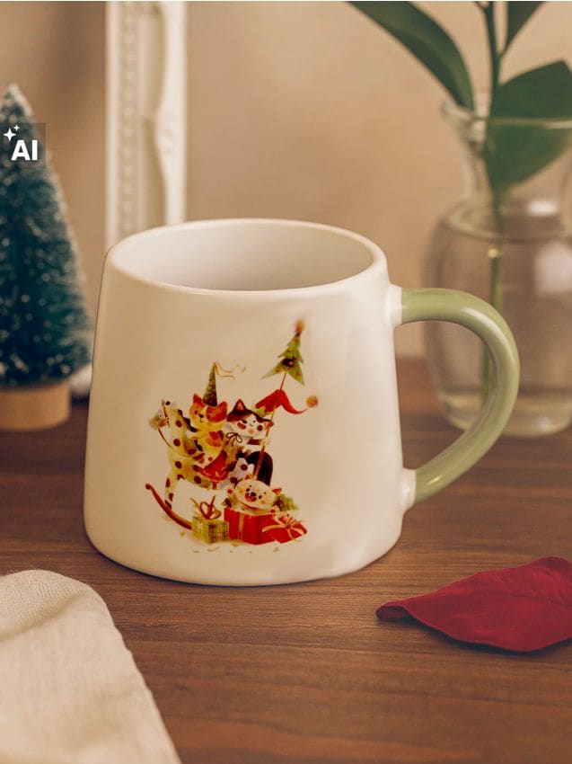 Sinsay - Cană de Crăciun din ceramică cu motiv de animale - alb