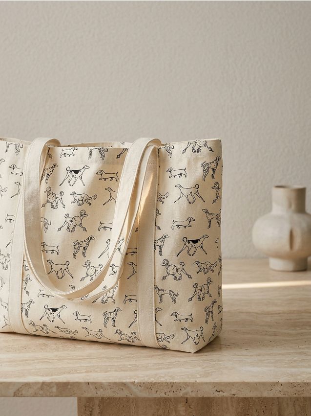 Sinsay - Geantă tote din material textil cu imprimeu cu câini - crem