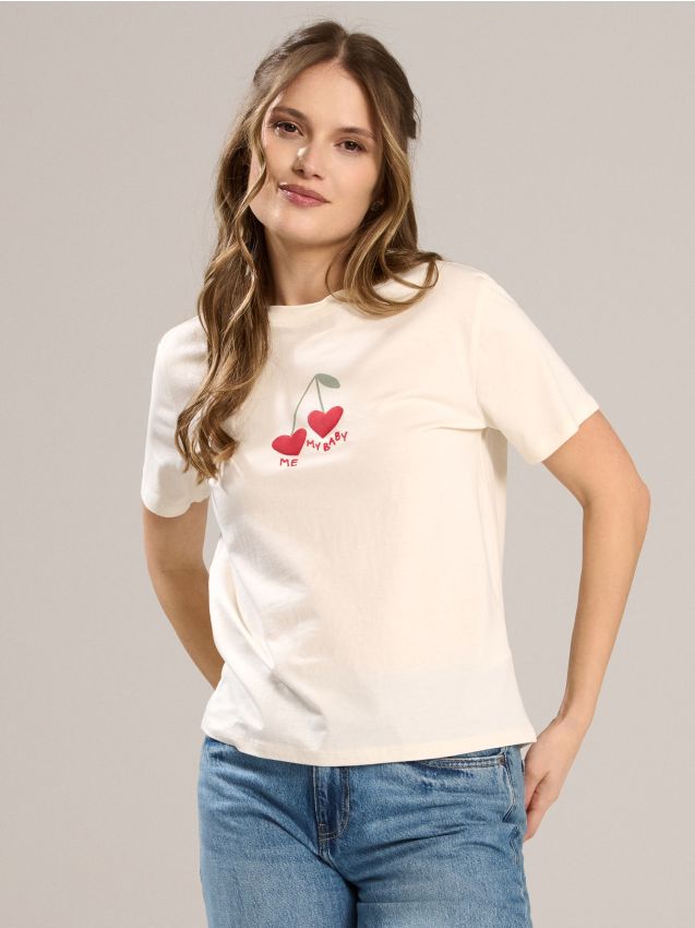 Sinsay - Tricou din bumbac cu text brodat Me My Baby - crem