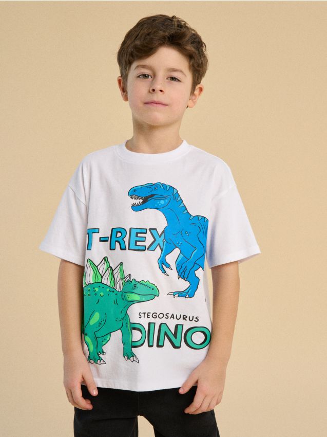Sinsay - Koszulka oversize z nadrukiem w dinozaury - biały