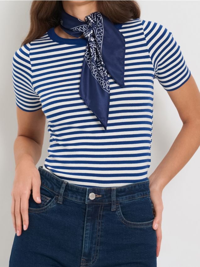 Sinsay - Tricou din bumbac în dungi - albastru