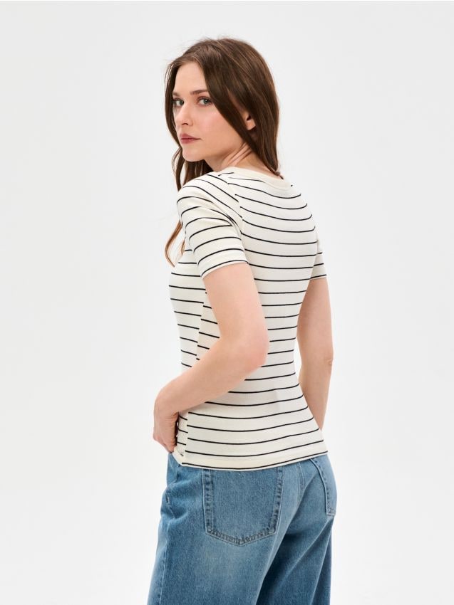 Sinsay - Bawełniana koszulka w paski - wielobarwny