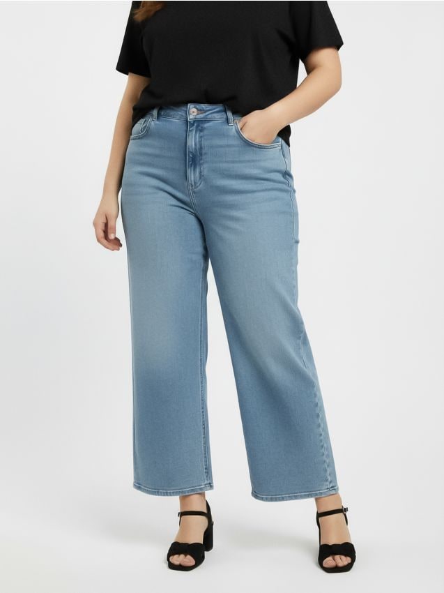 Sinsay - Blugi wide leg cu efect spălat Plus size - albastru