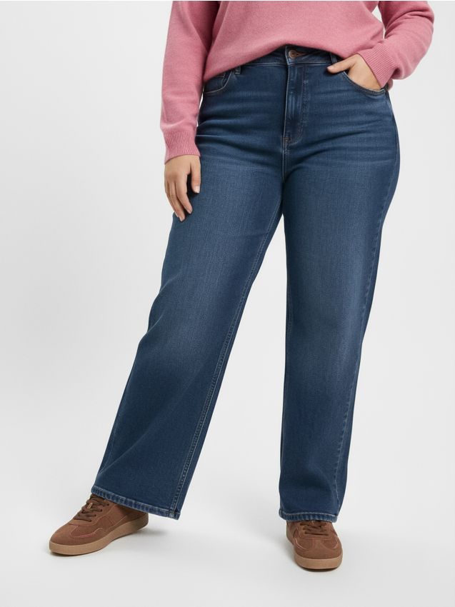 Sinsay - Blugi wide leg cu efect spălat Plus size - bleumarin