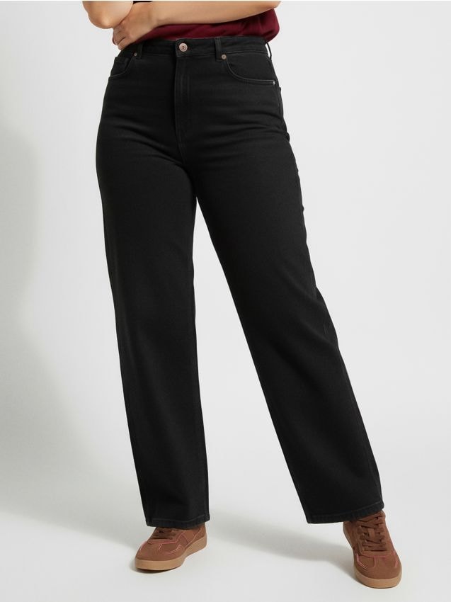 Sinsay - Jeansy wide leg z efektem sprania Plus size - czarny