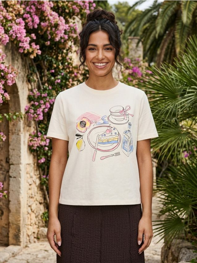 Sinsay - Tricou oversize din bumbac cu imprimeu - galben-deschis