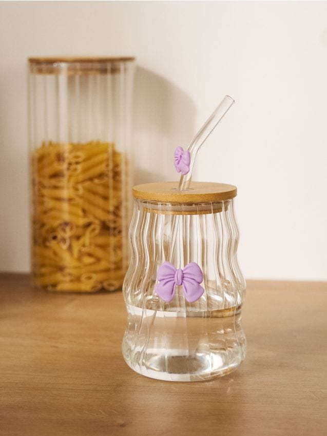 Sinsay - Cană din sticlă cu capac din bambus și pai - clear