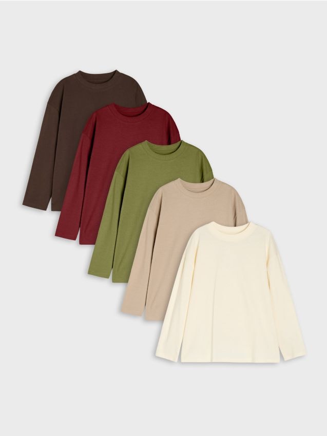 Sinsay - Tricouri din bumbac cu mânecă lungă 5 pack - kaki