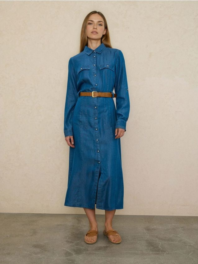 Sinsay - Rochie camasă midi din lyocell cu centură - light blue