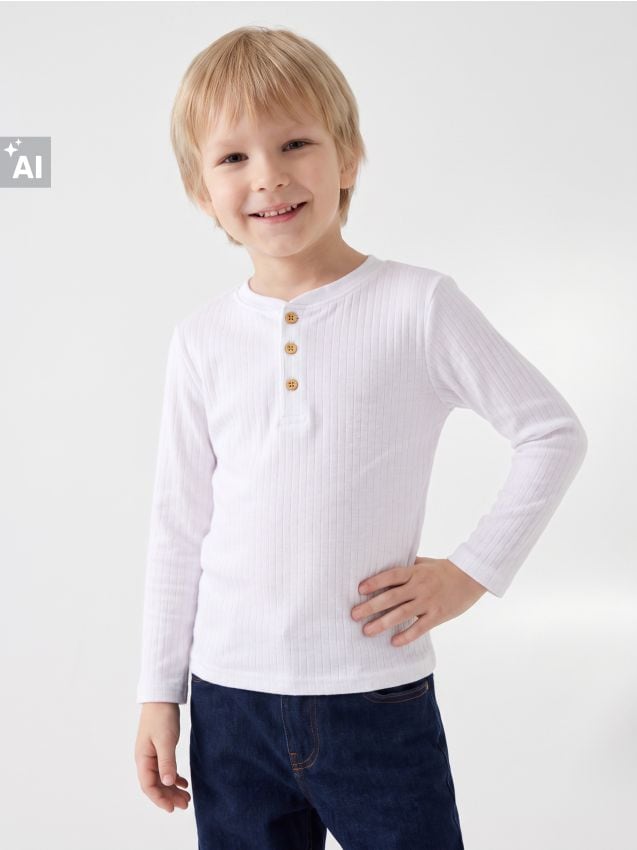 Sinsay - Tricou din bumbac cu mânecă lungă și decolteu Henley - alb