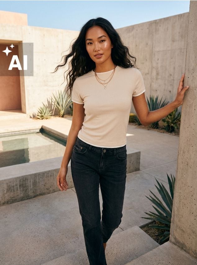 Sinsay - Tricou basic ribbed cu tiv contrastant și amestec de viscoză - nude