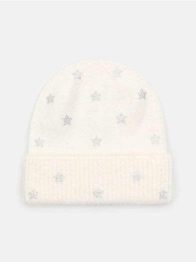 Sinsay - Căciulă beanie cu aplicație de strasuri în formă de steluțe - crem