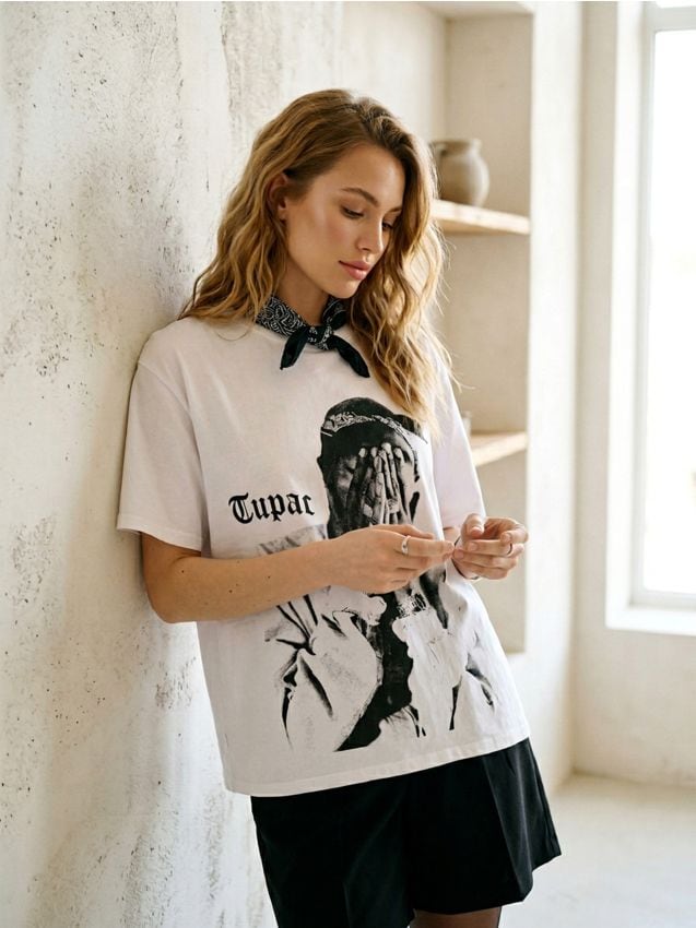 Sinsay - Tricou din bumbac cu imprimeu Tupac - alb