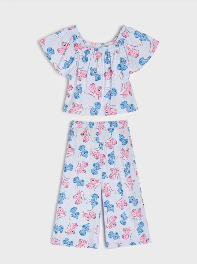 Sinsay - Set din viscoză: bluză și pantaloni Stitch - light blue