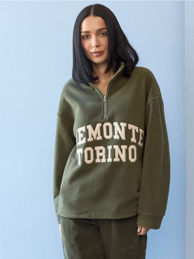 Sinsay - Bluză fleece half-zip cu inscripție - verde-maroniu