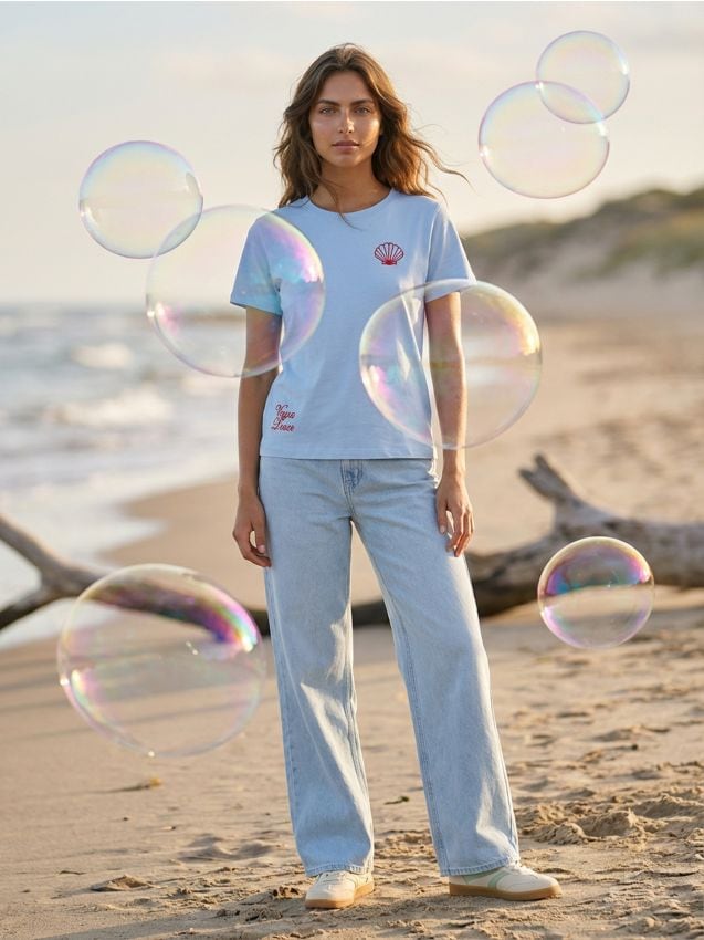 Sinsay - Tricou din bumbac cu text brodat - albastru-pal