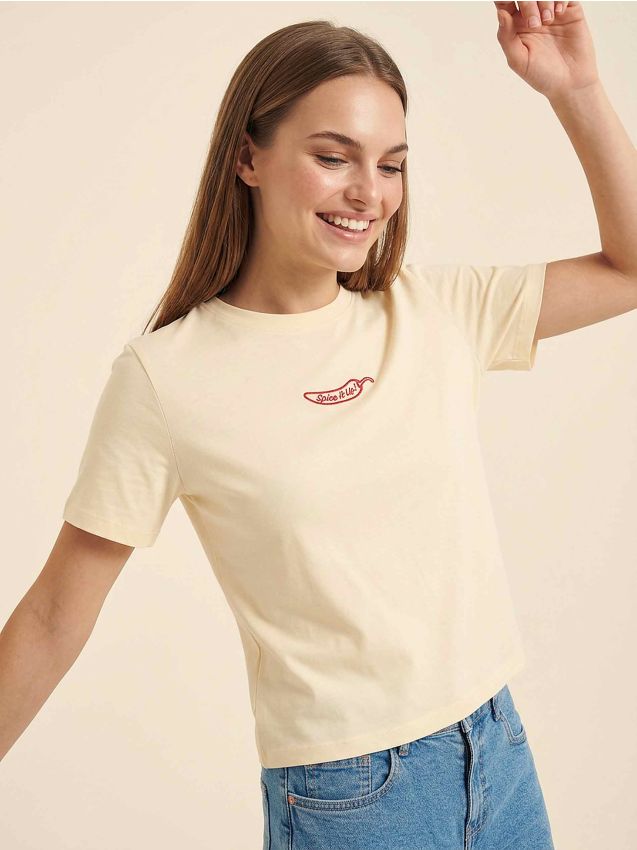 Sinsay - Tricou din bumbac cu text brodat - galben-deschis