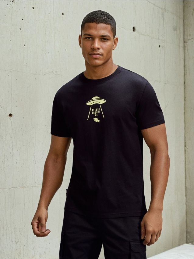 Sinsay - Tricou oversize din bumbac cu imprimeu - negru