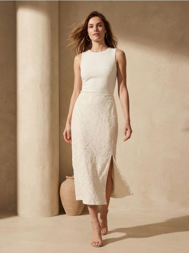 Sinsay - Fustă midi cu paiete și slit - nude