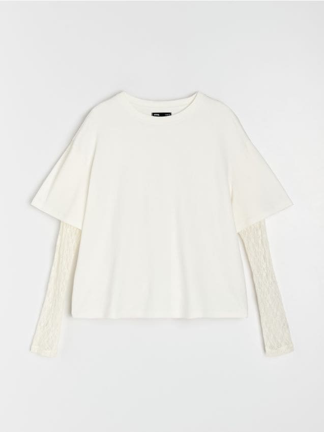 Sinsay - Bluză din bumbac cu mâneci din dantelă - crem