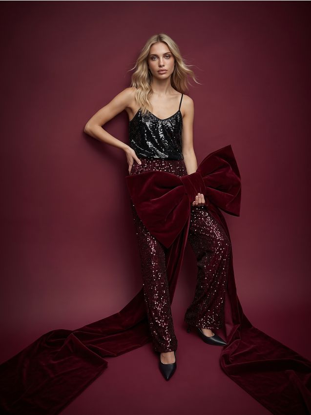 Sinsay - Pantaloni wide leg cu paiete - bordo