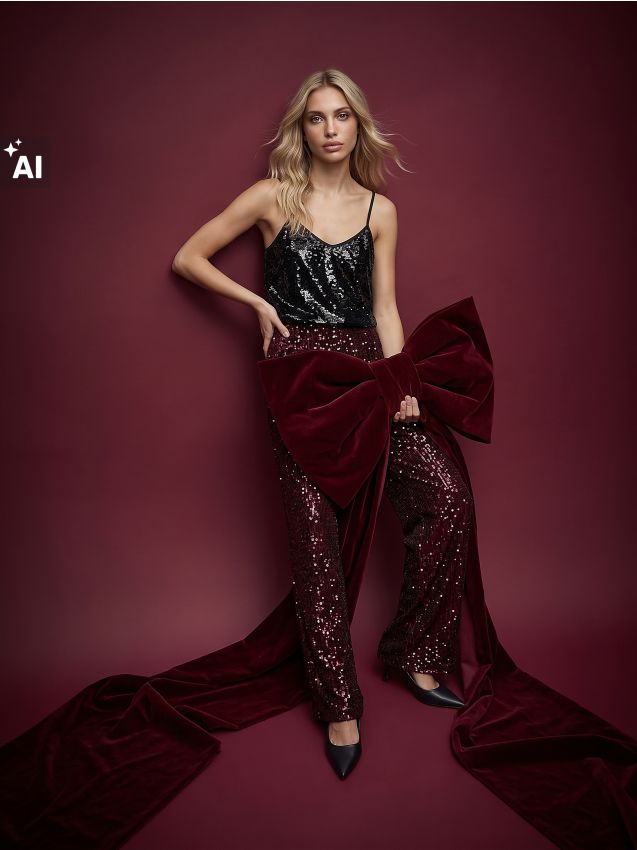 Sinsay - Pantaloni din catifea cu croială wide leg și paiete bordo - bordo