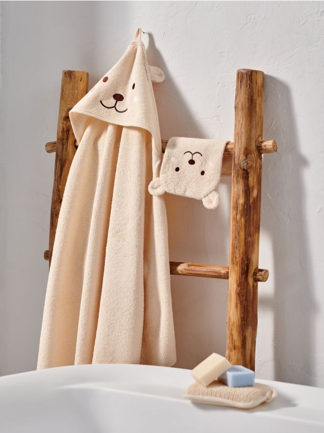 Sinsay - Ręcznik z kapturem i myjką z motywem misia - kremowy