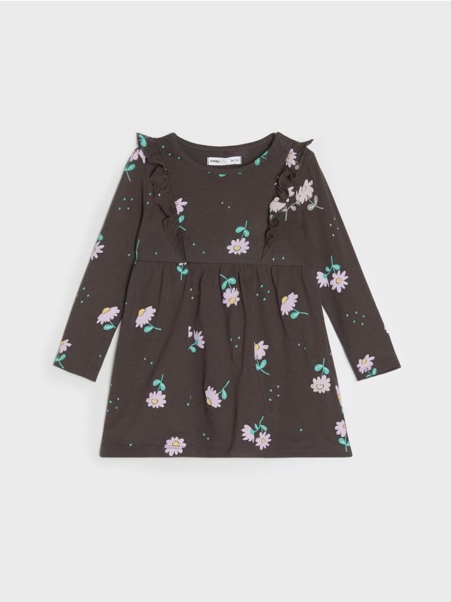 Sinsay - Rochie din bumbac cu mâneci lungi, volane și model floral - maro-închis