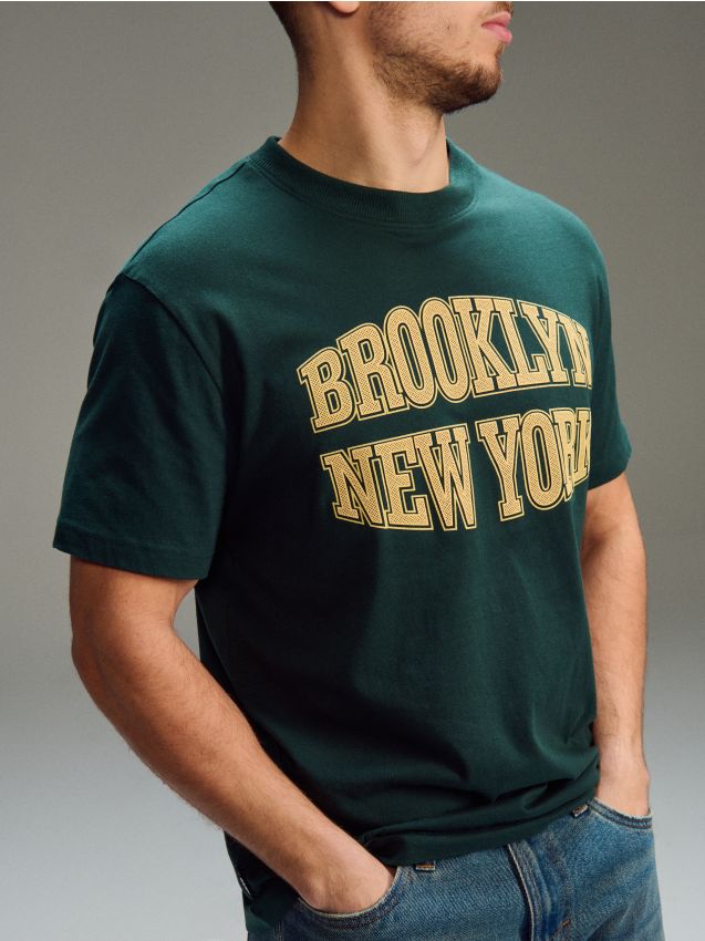 Sinsay - Bawełniana koszulka z napisem - zielony