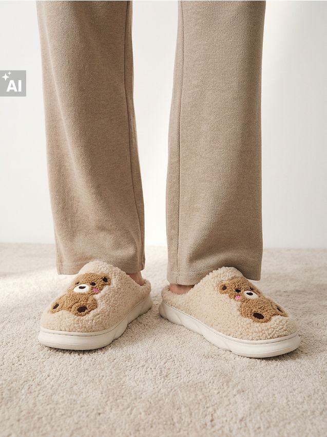 Sinsay - Papuci teddy fără închidere, cu motiv ursuleț - crem