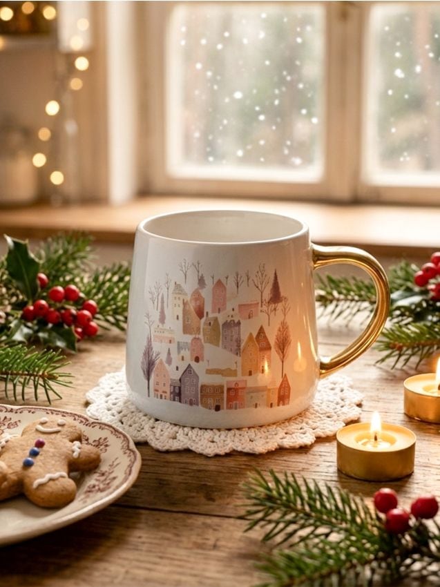 Sinsay - Cană de iarnă din ceramică cu motiv de căsuțe și toartă aurie - alb